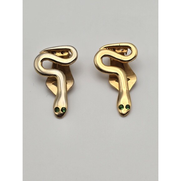 Vintage Giuliano Fratti Snake Clip-On Earrings – Gold Tone with Green Rhinestone - Picture 1 of 6
